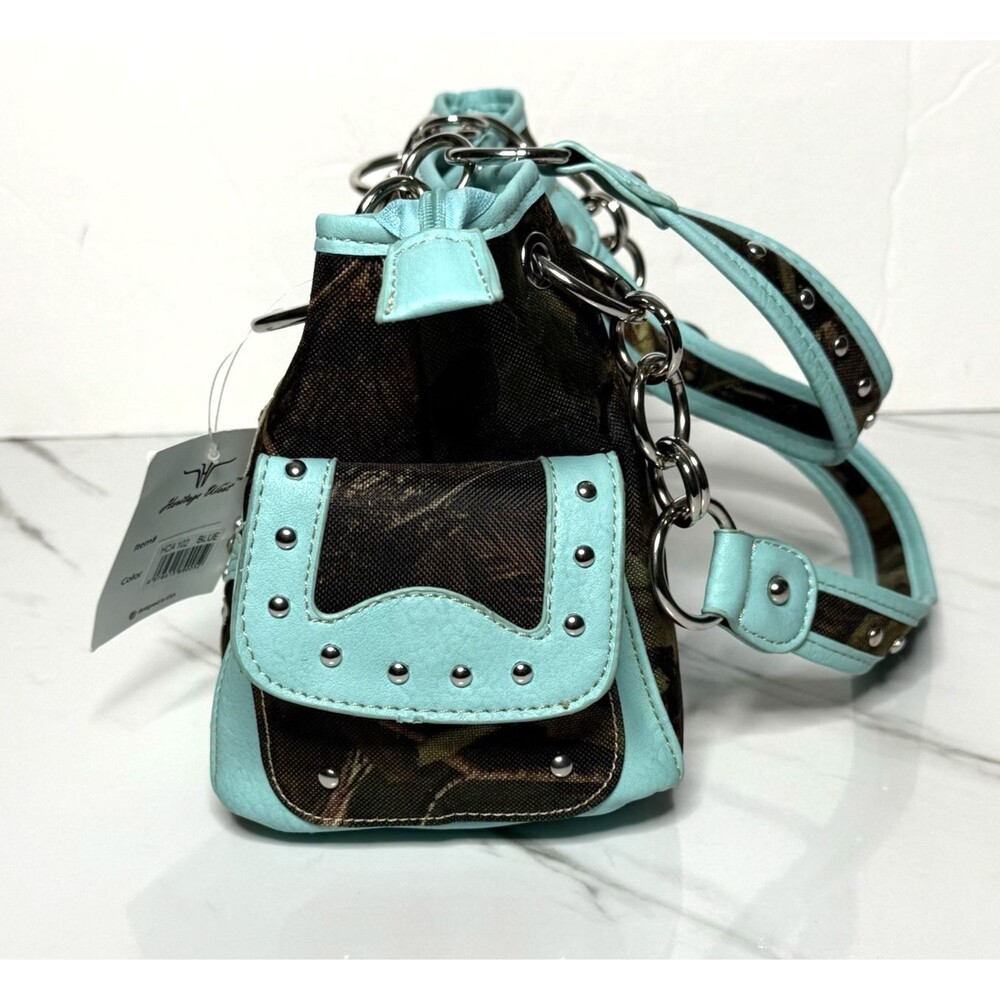 Heritage West Blue Green Camouflage Rhinestone Cross Western Double Strap Purse - Picture 8 of 13